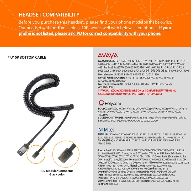 IPD IPH-250 Phone Headset with Noise Cancelling Microhone for Office and Call Center- Comapatible with Polycom VVX, Aastra,Avaya Digital, Nortel,Samsung,Mitel landline Phones. - Image 2